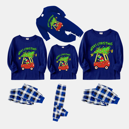Navy & White Plaid Christmas Pajamas Set With Grinch and Christmas Tree Print