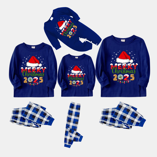 Navy & White Plaid Christmas Pajamas Set With Santa Hat and "Merry Christmas 2025" Text Print