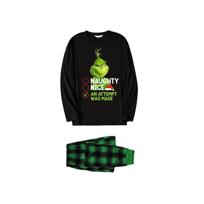 Cute Cartoon Pattern and Slogan Text Printed Black and Green Plaid Christmas Matching Pajamas