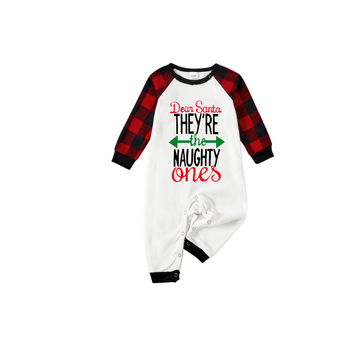 Dear Santa Naughty Ones Family Pajamas Set - White Top, Red Plaid Pants, Plaid Sleeves