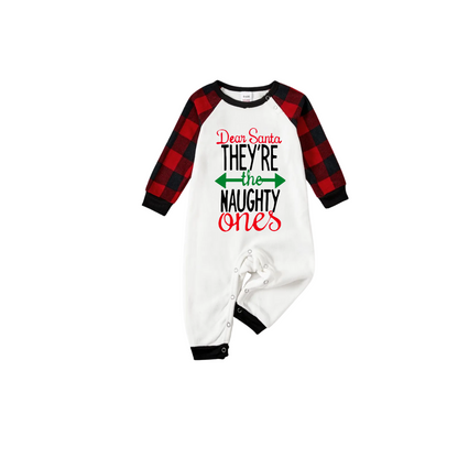 Dear Santa Naughty Ones Family Pajamas Set - White Top, Red Plaid Pants, Plaid Sleeves