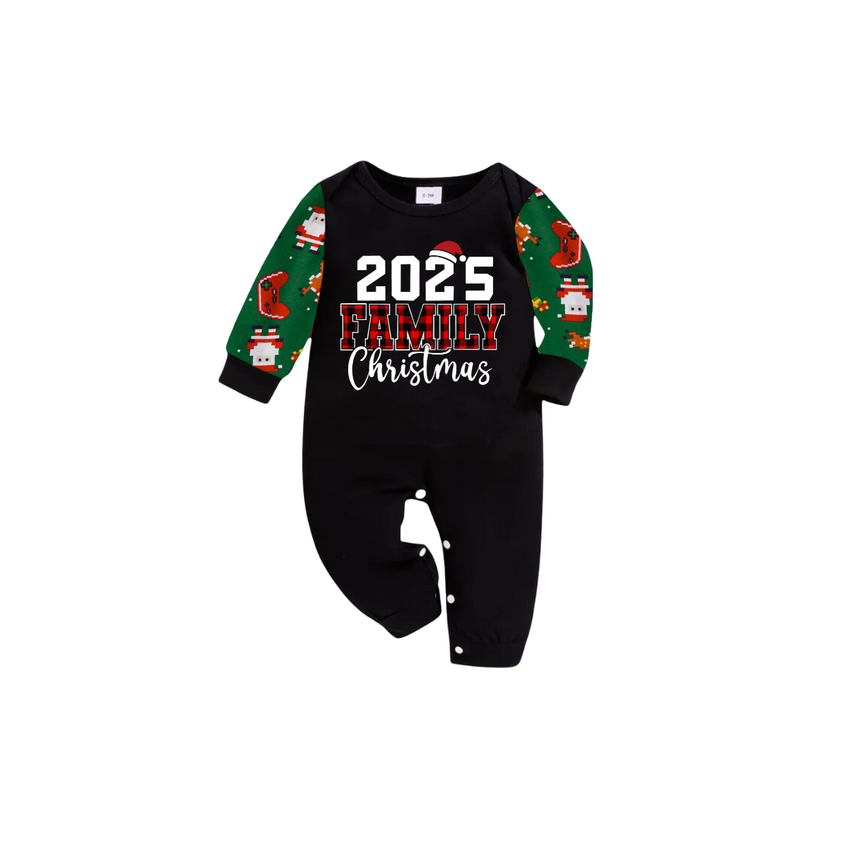 2025 Family Christmas Family Pajamas Set - Black Top, Green Pants, Green Christmas Cartoon Sleeves, Letter Print