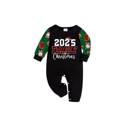 2025 Family Christmas Family Pajamas Set - Black Top, Green Pants, Green Christmas Cartoon Sleeves, Letter Print