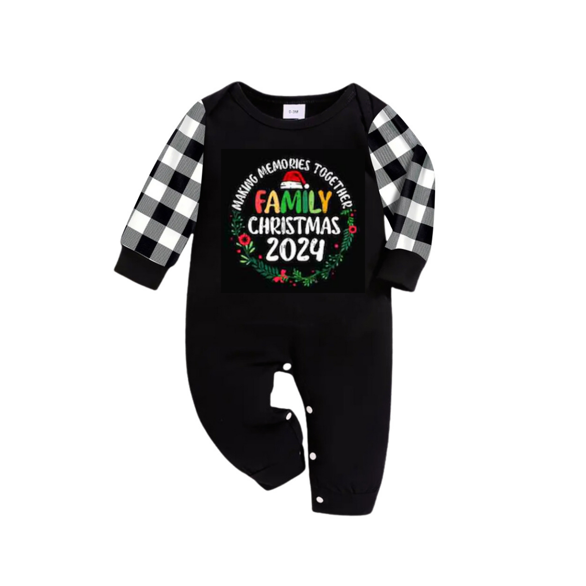 "Family Christmas 2024 Making Memories Together" Text Print Black and White Plaid Family Matching Pajamas