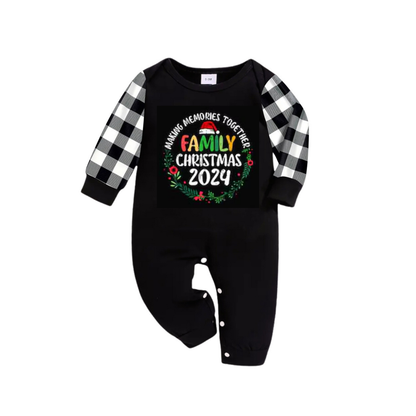 "Family Christmas 2024 Making Memories Together" Text Print Black and White Plaid Family Matching Pajamas