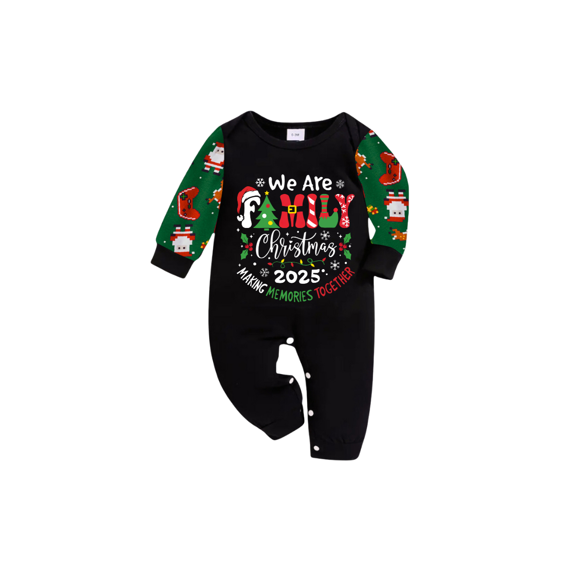 We Are Family Christmas 2025 Making Memories Family Pajamas Set - Black Top, Green Pants, Green Christmas Cartoon Sleeves