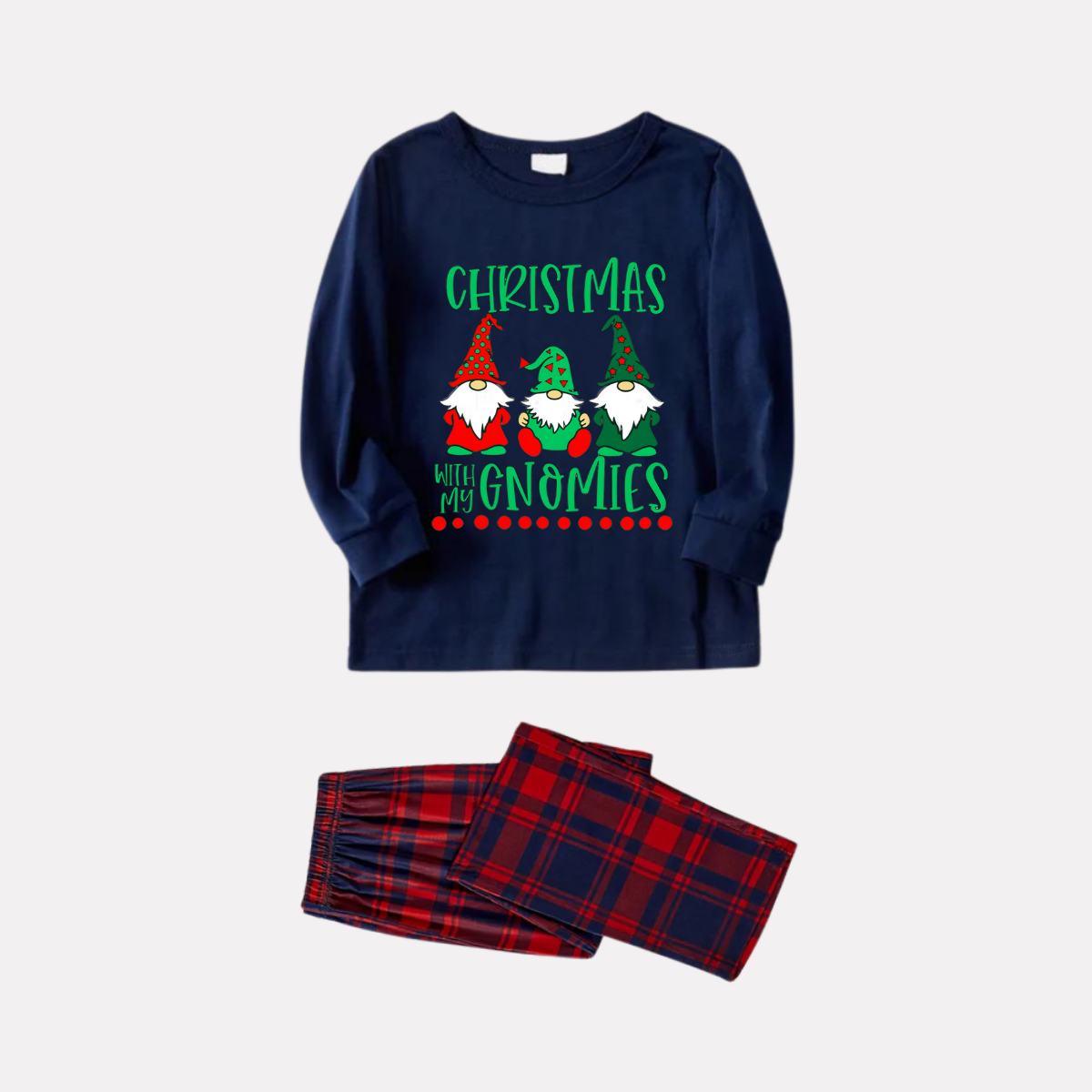 Navy & Red Plaid Christmas Pajamas Set With "Christmas With My Gnomies" Text Print