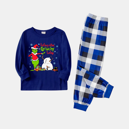 Navy & White Plaid Christmas Pajamas Set With Grinch and Snowman Print