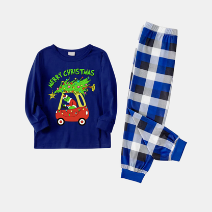 Navy & White Plaid Christmas Pajamas Set With Grinch and Christmas Tree Print