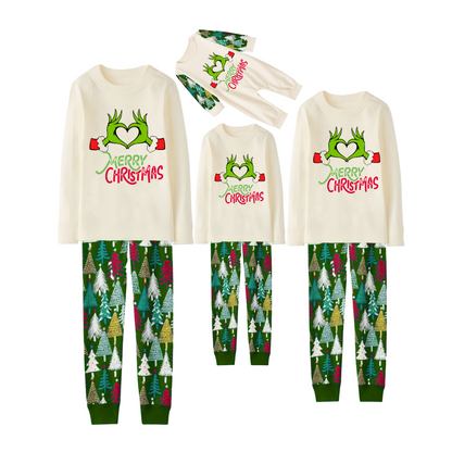 Merry Christmas 2025 Making Memories Family Pajamas Set - Cream Top, Green Pants, Christmas Tree Print Sleeves