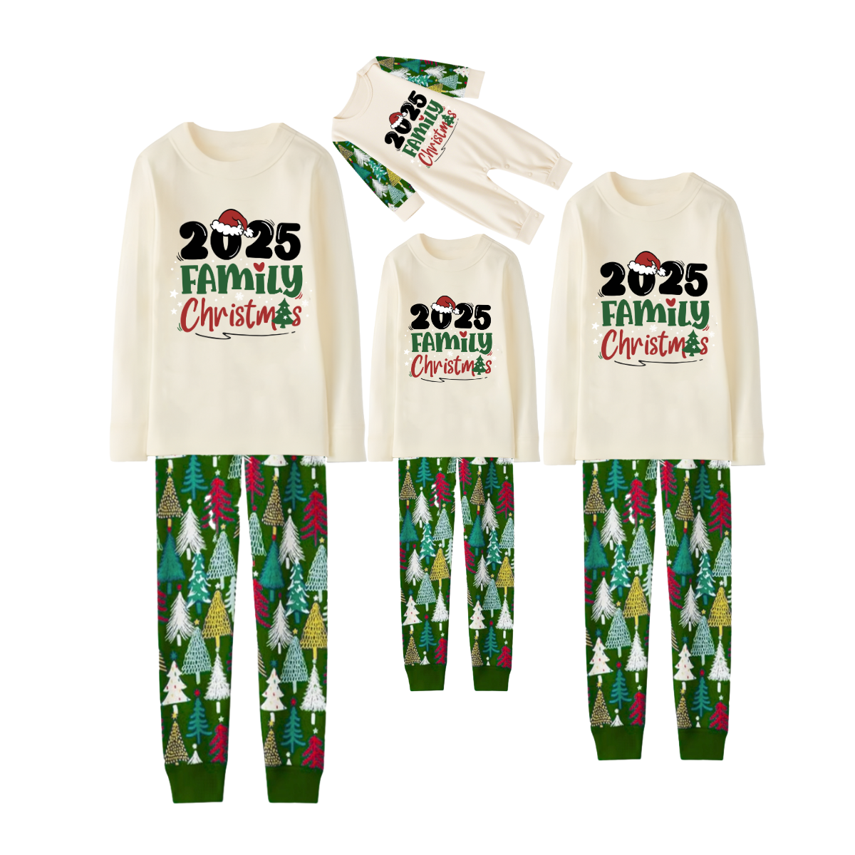 Merry Christmas 2025 Family Pajamas Set - Cream Top, Green Pants with Christmas Tree Pattern, Green Sleeves with Christmas Tree Pattern, Santa Hat & Christmas Tree Print