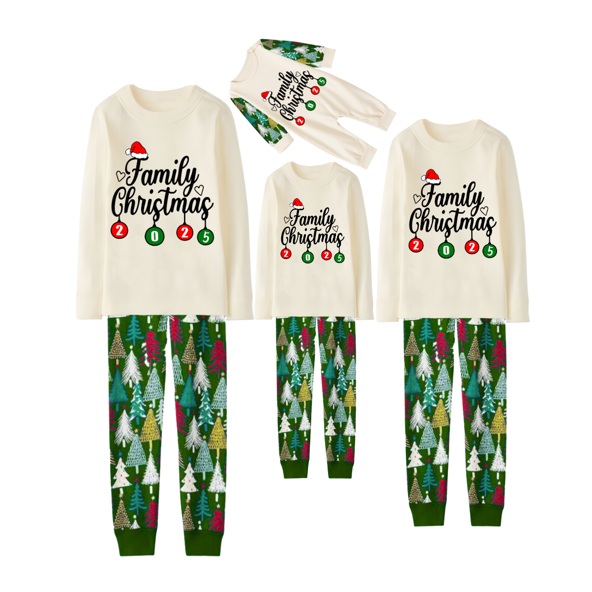 Christmas Tree Print Family Matching Family Pajamas Set - White Top, Green Pants, Tree Pattern