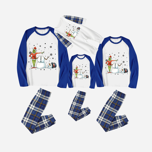 Blue Raglan Top Blue Plaid Christmas Pajamas Set With Snowman and Christmas Grinch Print