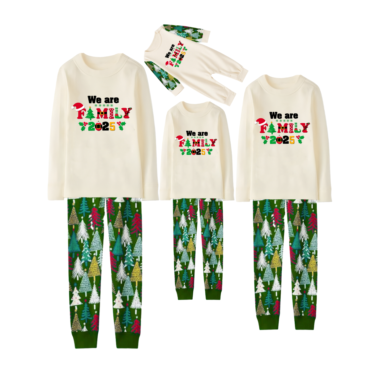 We Are Family 2025 Printed Beige Top And Green Pants Family Matching Christmas Pajamas Sets