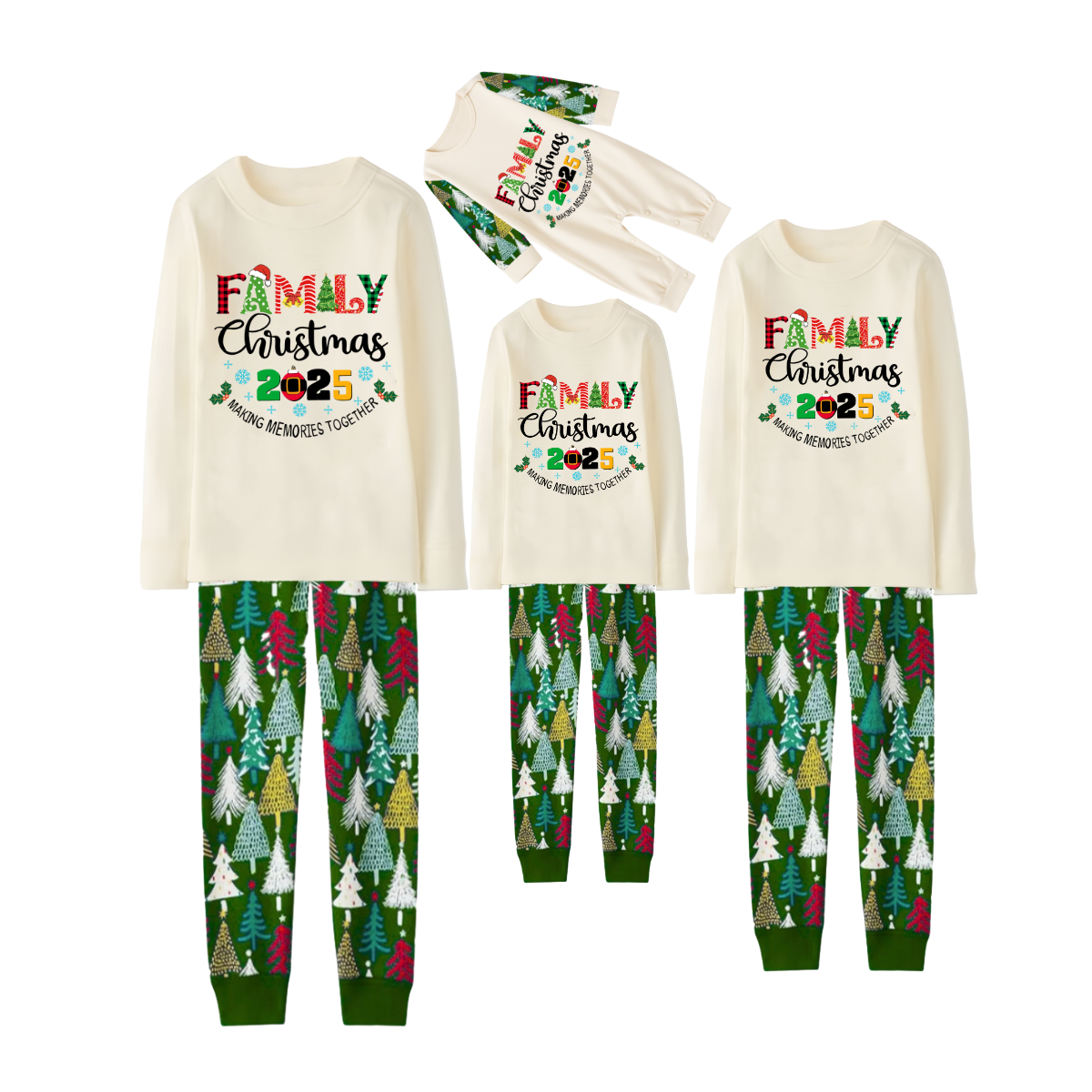 Christmas Gnomes Hanging with my Gnomies Family Pajamas Set - Cream Top, Christmas Tree Pants, Christmas Tree Sleeves, Gnome Print