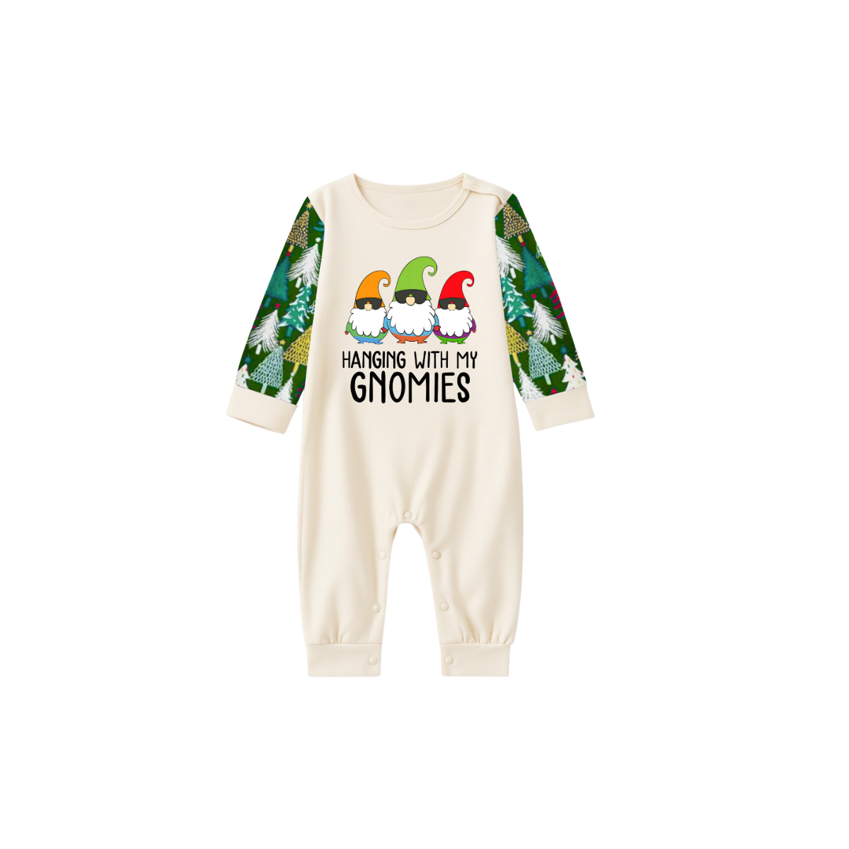 Hanging With My Gnomies Family Pajamas Set - Cream Top, Green Tree Print Pants, Green Tree Print Sleeves, Gnomes Print