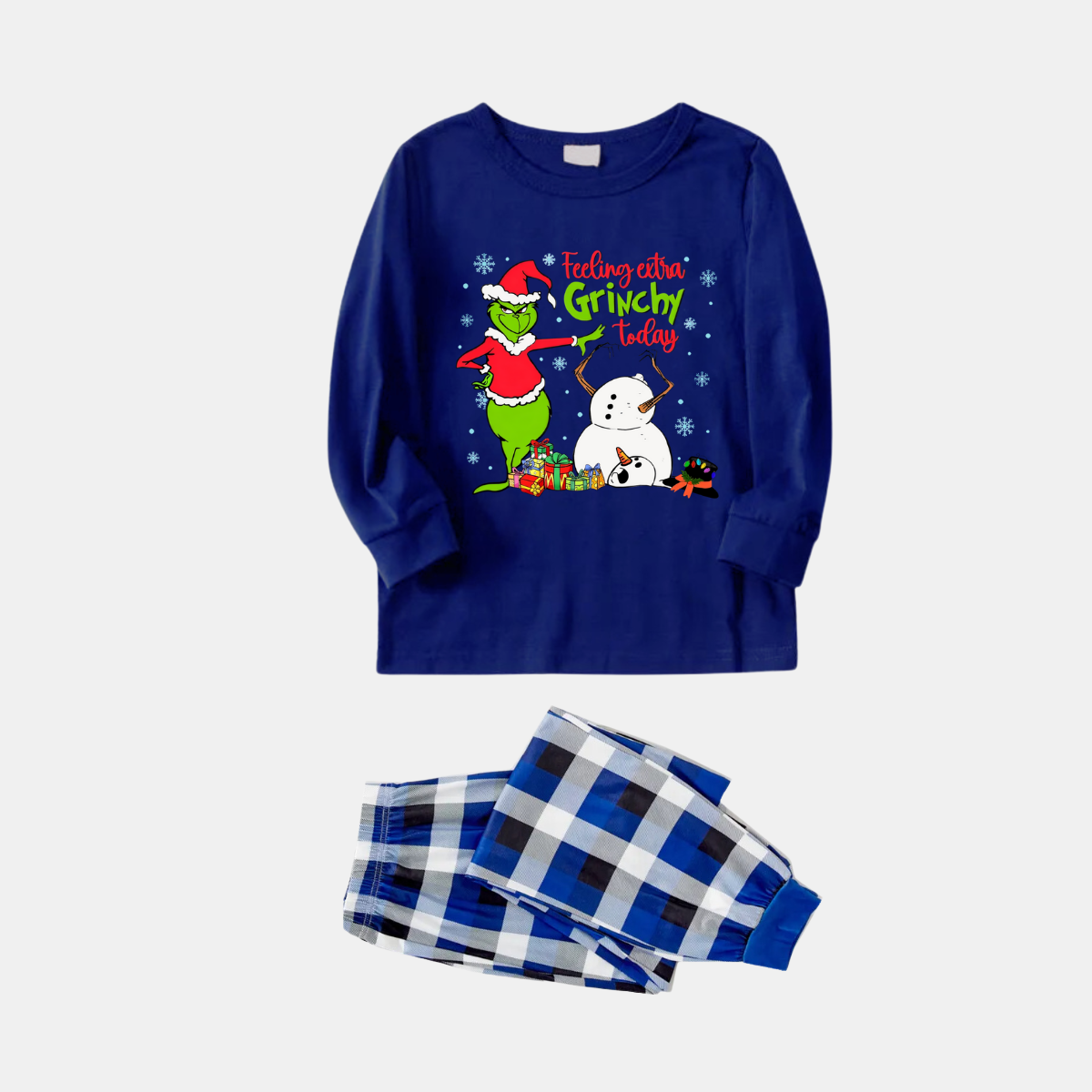 Navy & White Plaid Christmas Pajamas Set With Grinch and Snowman Print