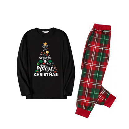 "We Wish You a Merry Christmas" Printed Pattern Black Long Sleeve Top with Red & Green Plaid Pants Family Matching Pajamas