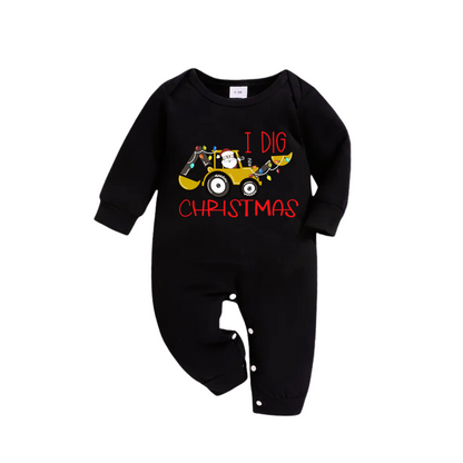 Christmas Excavator Print Black Long Sleeve Top with Green and Black Plaid Family Matching Pajamas