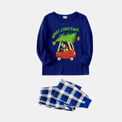 Navy & White Plaid Christmas Pajamas Set With Grinch and Christmas Tree Print