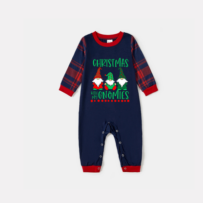 Navy & Red Plaid Christmas Pajamas Set With "Christmas With My Gnomies" Text Print