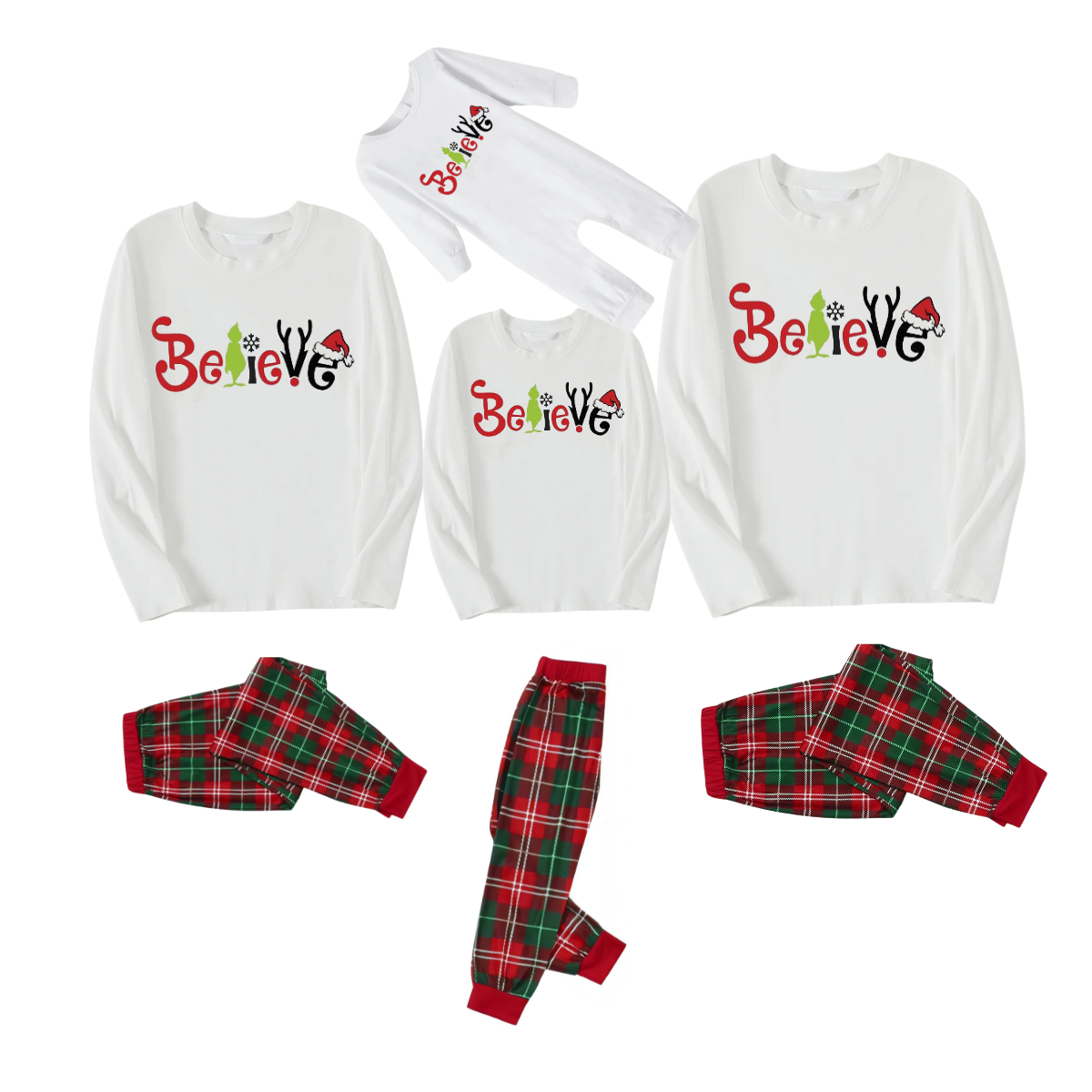 Christmas 2025"Believe" Letter White Long Sleeve Top with Red & Green Plaid Pants Family Matching Pajamas