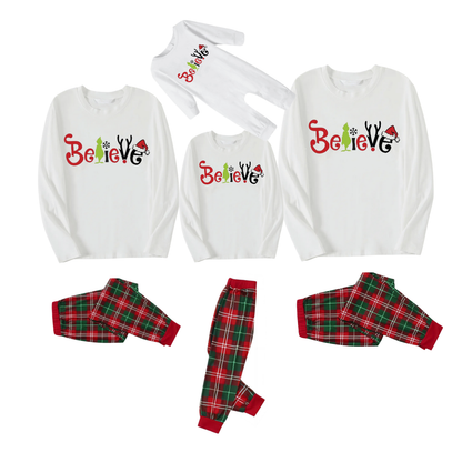 Christmas 2025"Believe" Letter White Long Sleeve Top with Red & Green Plaid Pants Family Matching Pajamas