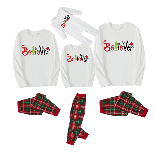 Christmas 2025"Believe" Letter White Long Sleeve Top with Red & Green Plaid Pants Family Matching Pajamas