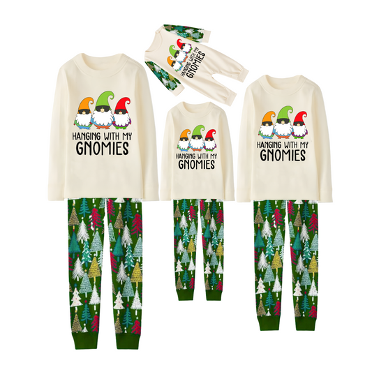 Hanging With My Gnomies Family Pajamas Set - Cream Top, Green Tree Print Pants, Green Tree Print Sleeves, Gnomes Print