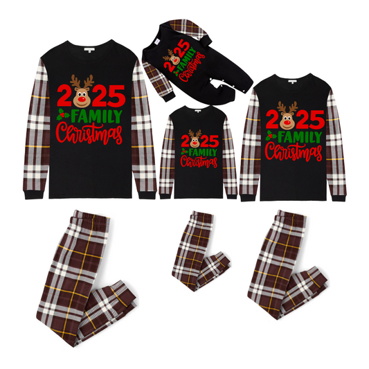 2025 Reindeer Family Christmas Family Pajamas Set - Black Top / Brown Plaid Pants / Brown Plaid Sleeves
