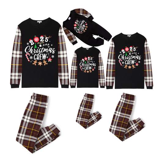 Christmas Crew 2025 Family Pajamas Set - Black Top, Brown Pants, Brown Plaid Sleeves, Gingerbread Candy Print