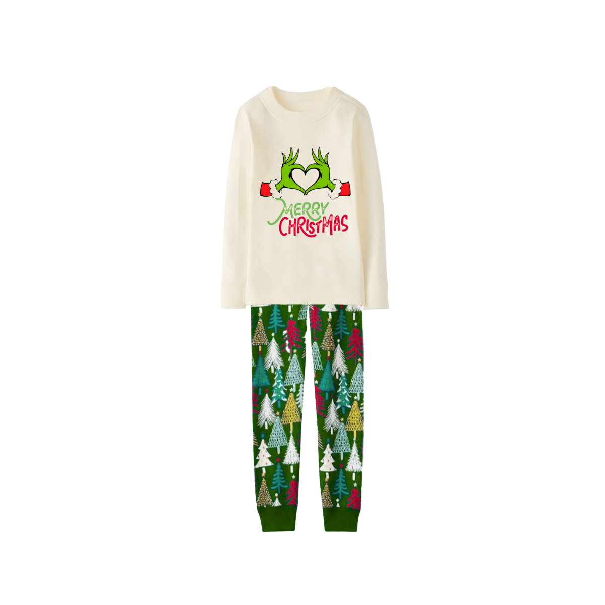 Merry Christmas 2025 Making Memories Family Pajamas Set - Cream Top, Green Pants, Christmas Tree Print Sleeves