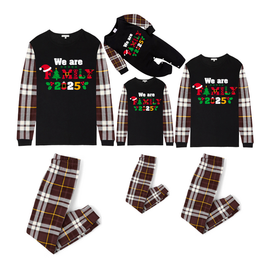 We Are Family Christmas 2025 Family Pajamas Set - Black Top, Brown Pants, Brown Plaid Sleeves