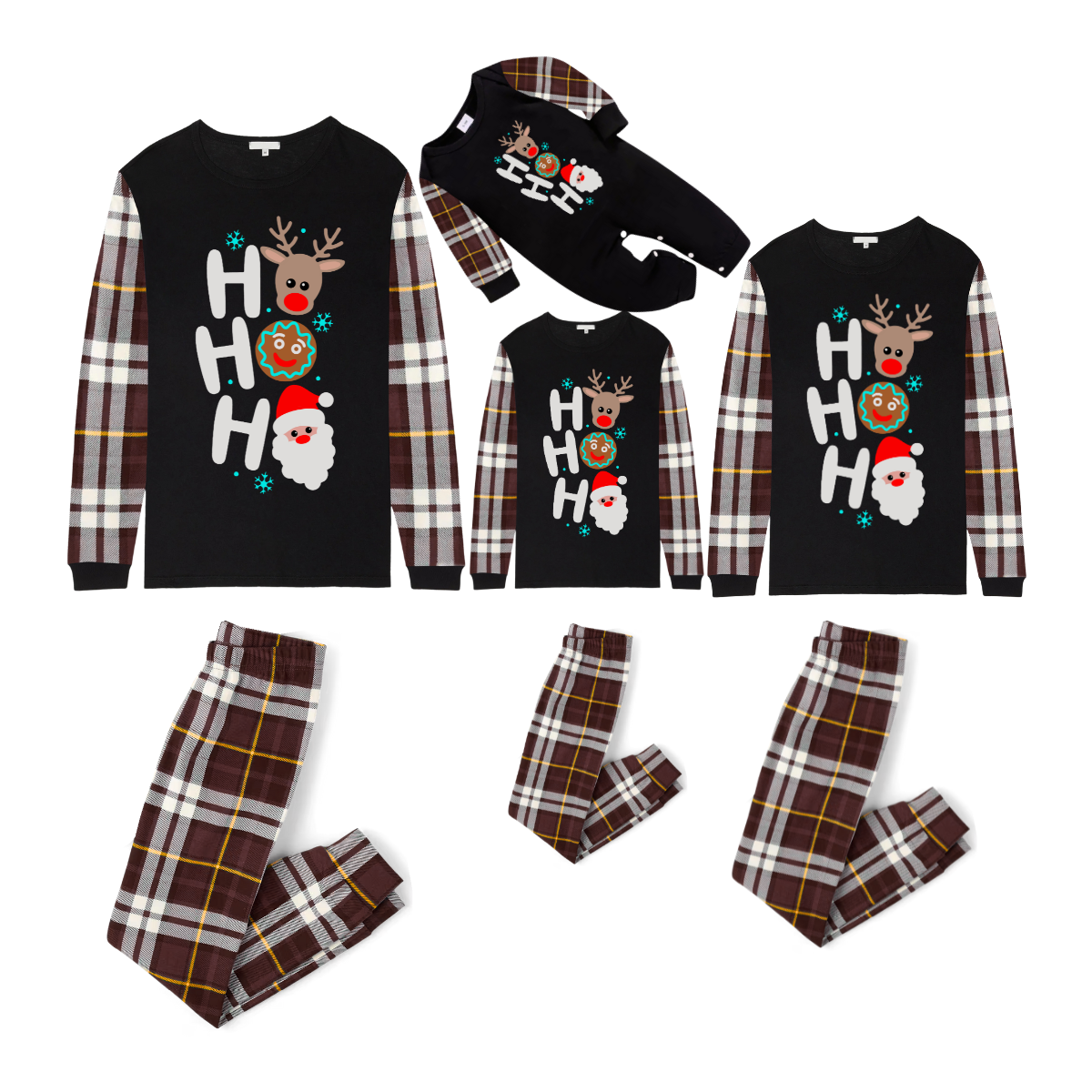 HO HO HO Christmas Pajama Set with Santa, Reindeer, and Gingerbread in Plaid