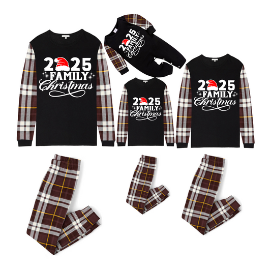 Christmas 2025 Plaid Family Matching Family Pajamas Set - Black Top, Brown Pants, Plaid Pattern