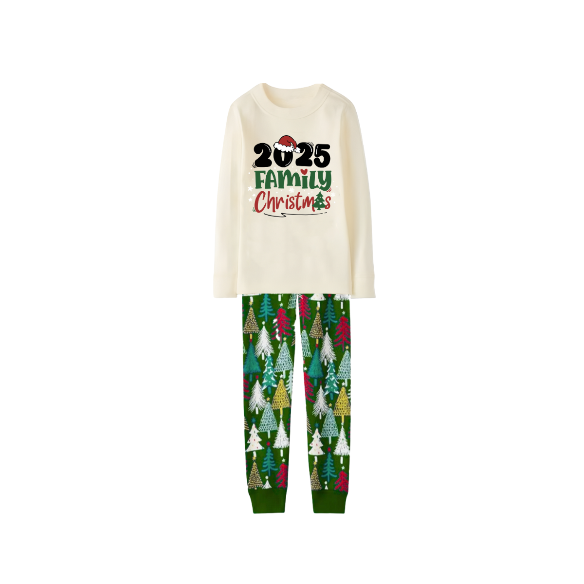 Merry Christmas 2025 Family Pajamas Set - Cream Top, Green Pants with Christmas Tree Pattern, Green Sleeves with Christmas Tree Pattern, Santa Hat & Christmas Tree Print