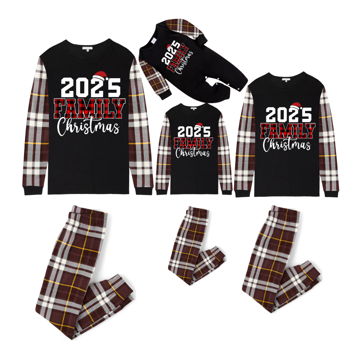 2025 Family Christmas Family Pajamas Set - Black Top, Brown Pants, Brown Buffalo Plaid Sleeves, Letter Print