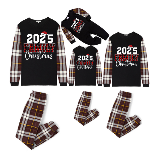2025 Family Christmas Family Pajamas Set - Black Top, Brown Pants, Brown Buffalo Plaid Sleeves, Letter Print