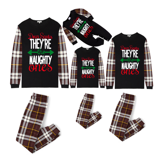 Brown Plaid Raglan Sleeve Black Top with Dear Santa They Are the Naughty Ones Printed Plaid Pants Family Matching Christmas Pajamas Sets