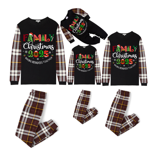 Family Christmas 2025 Making Memories Family Pajamas Set - Black Top, Brown Pants, Brown Plaid Sleeves