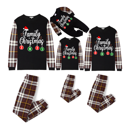 Family Christmas 2025 Pajamas Set - Black Top / Brown Plaid Sleeves & Pants