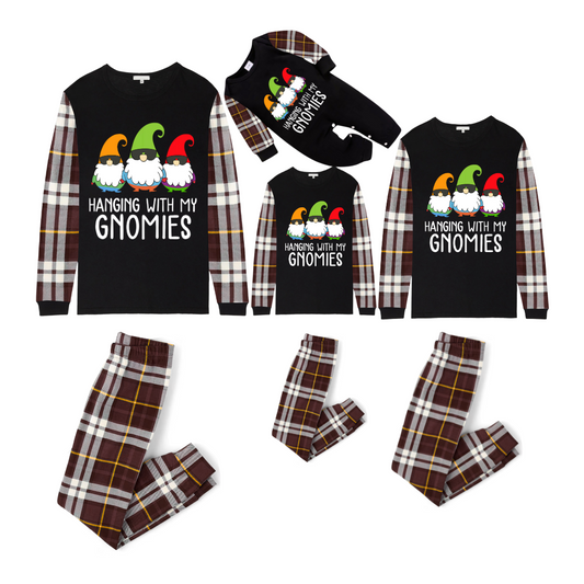 Hanging With My Gnomies Christmas 2025 Family Pajamas Set - Black Top, Brown Pants, Brown Plaid Sleeves