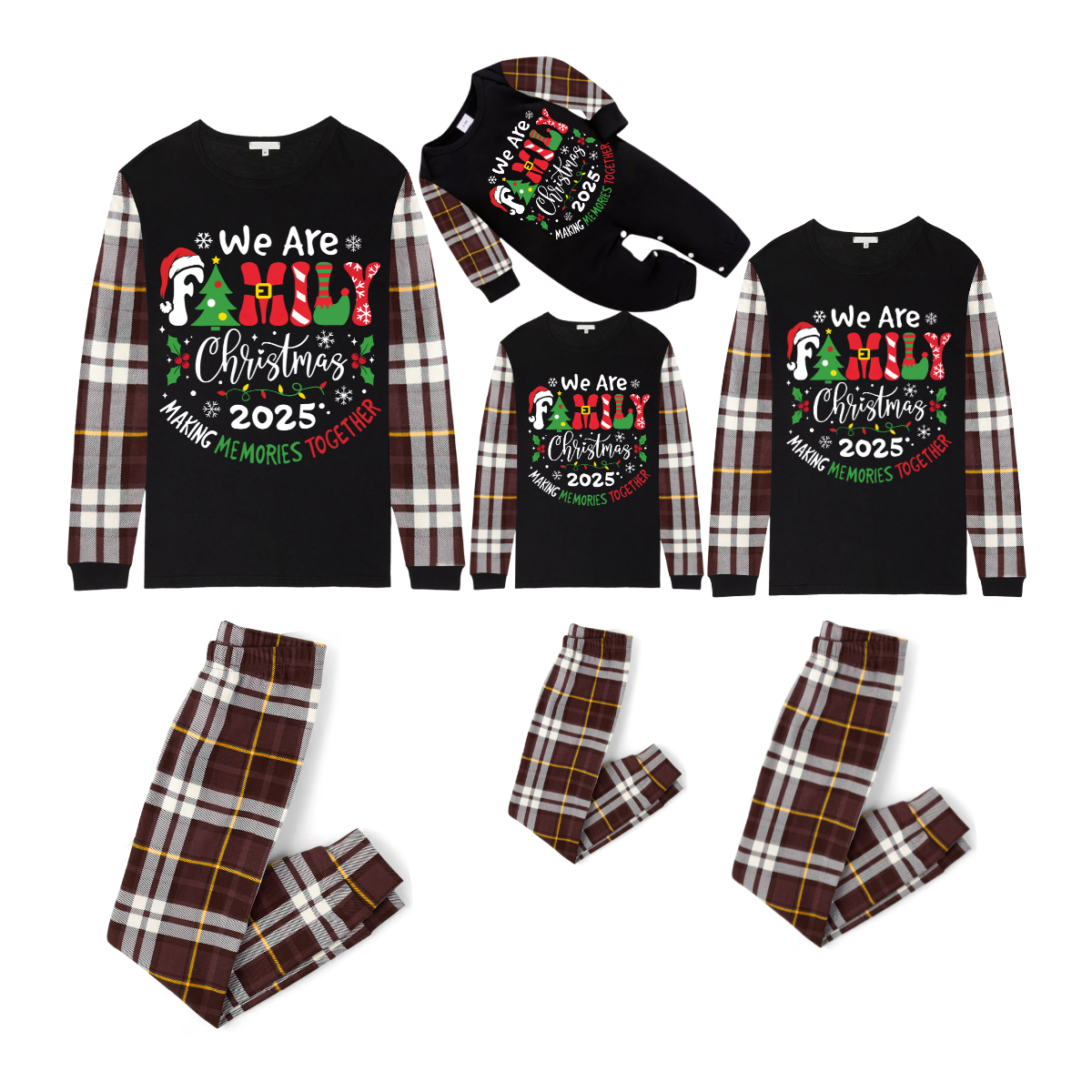 We Are Family Christmas 2025 Making Memories Family Pajamas Set - Black Top, Brown Pants, Brown Plaid Sleeves
