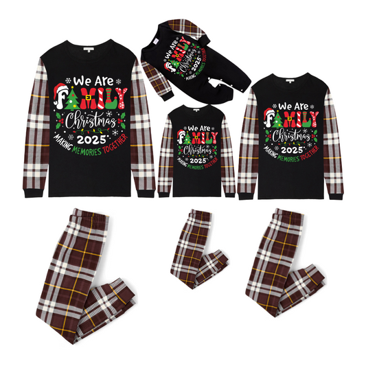 We Are Family Christmas 2025 Making Memories Family Pajamas Set - Black Top, Brown Pants, Brown Plaid Sleeves