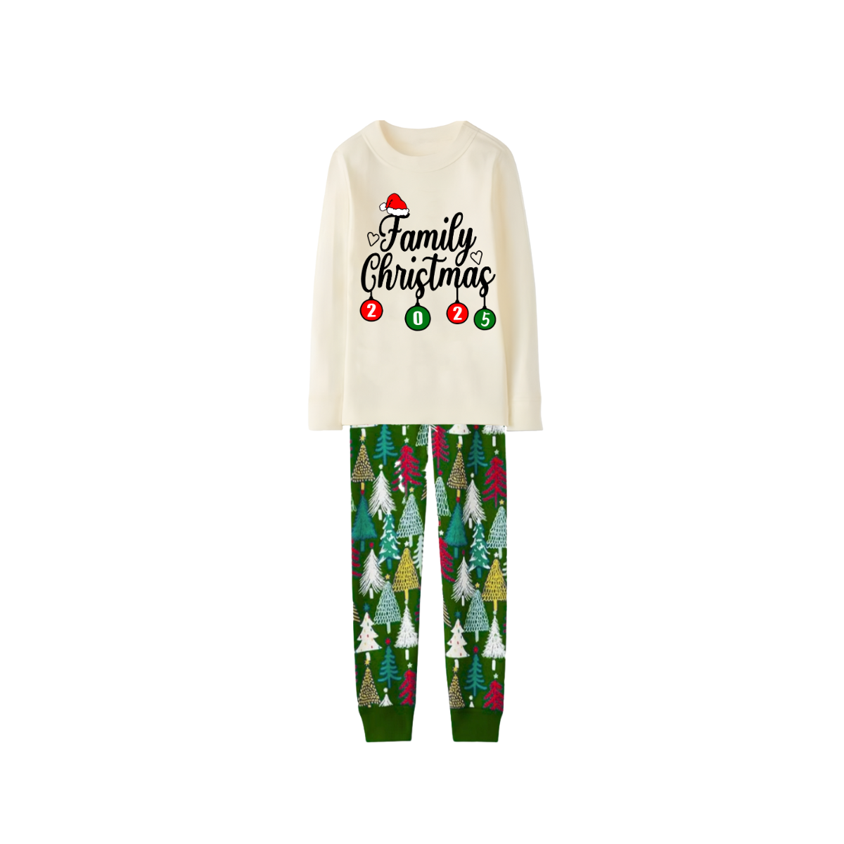Christmas Tree Print Family Matching Family Pajamas Set - White Top, Green Pants, Tree Pattern