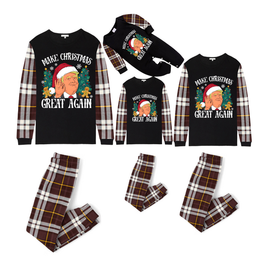 Christmas Cartoon Trump Make Christmas Great Again Family Pajamas Set - Black Top, Brown Pants, Plaid