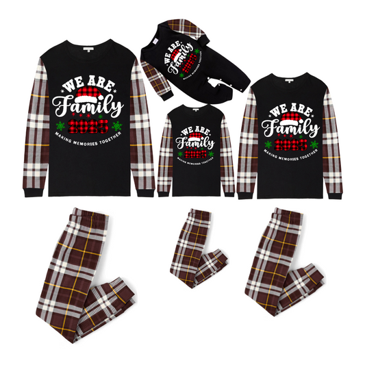 2025 We Are Family Christmas Family Pajamas Set - Black Top / Brown Plaid Pants / Brown Plaid Sleeves