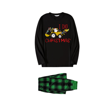 Christmas Excavator Print Black Long Sleeve Top with Green and Black Plaid Family Matching Pajamas