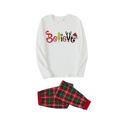 Christmas 2025"Believe" Letter White Long Sleeve Top with Red & Green Plaid Pants Family Matching Pajamas
