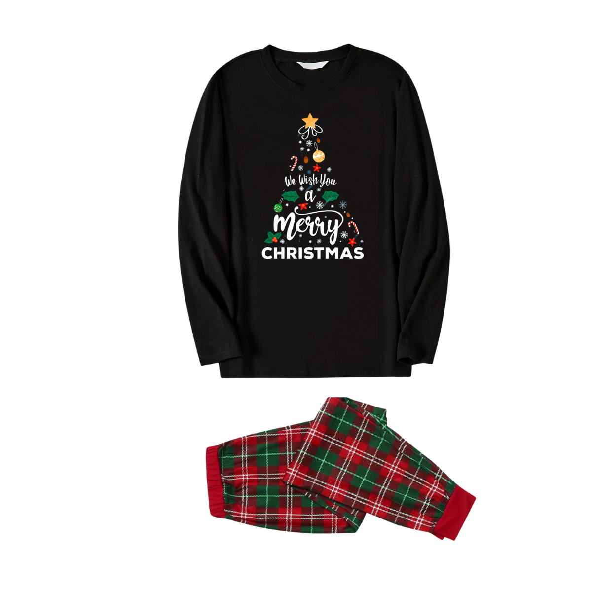 "We Wish You a Merry Christmas" Printed Pattern Black Long Sleeve Top with Red & Green Plaid Pants Family Matching Pajamas